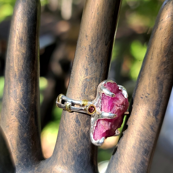 18k RAW Ruby & Rhodolite sterling & gold lattice ring sz8 - Picture 4 of 6